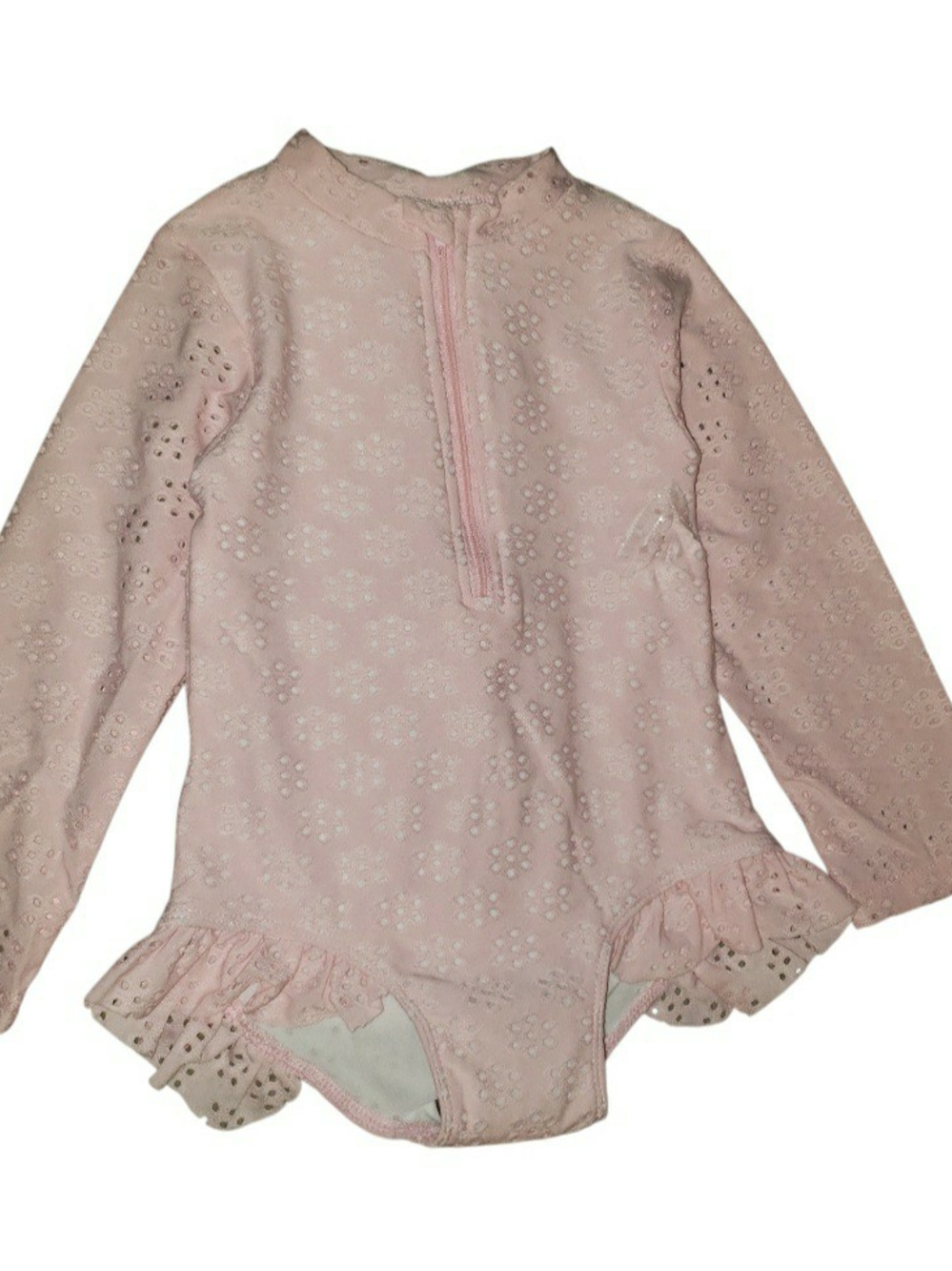 Charming pink long-sleeve toddler girl eyelet swimsuit with hat. 18-24mth